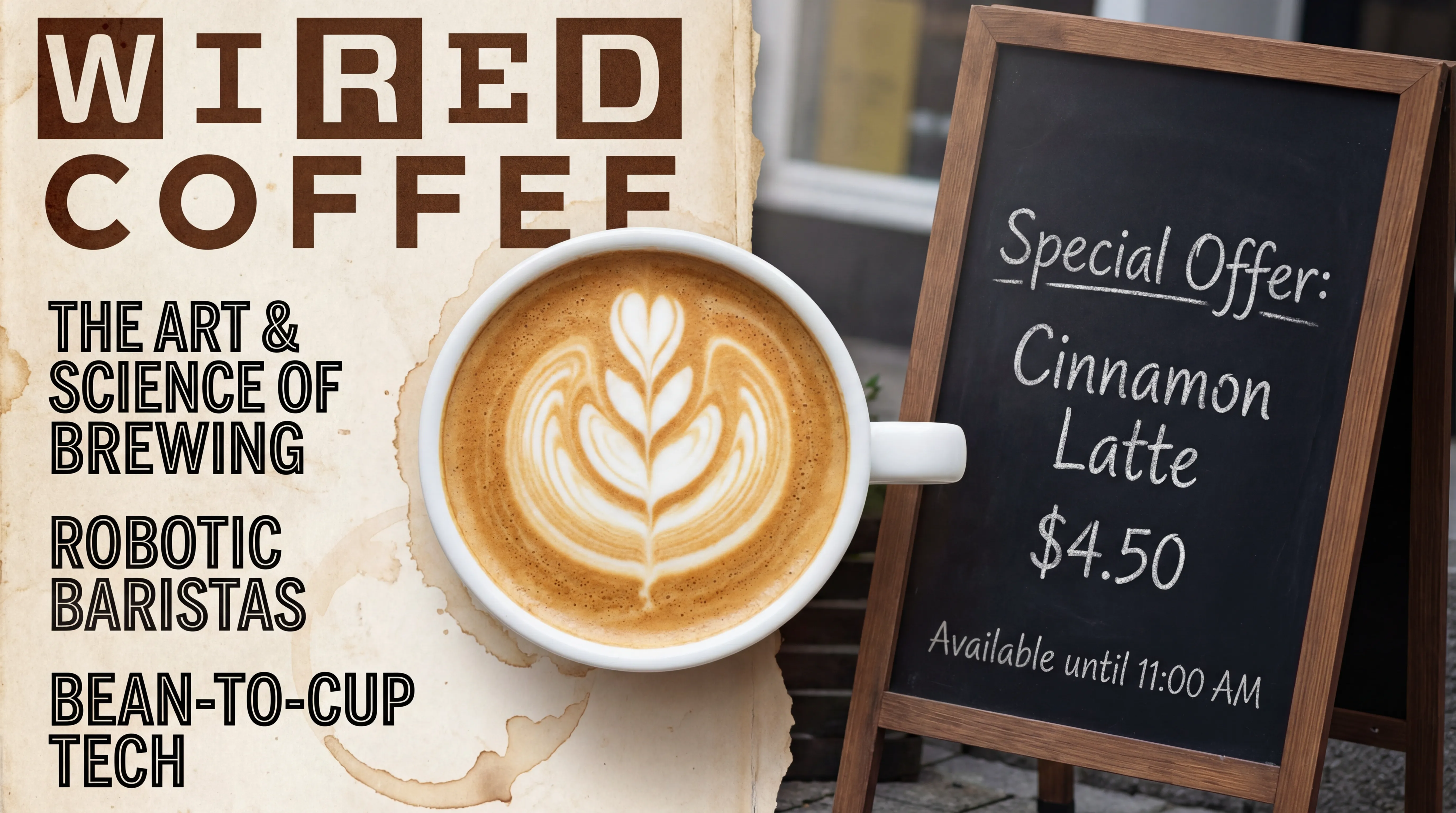 Wired Coffee shop promotion with latte art and a special offer written on a chalkboard.