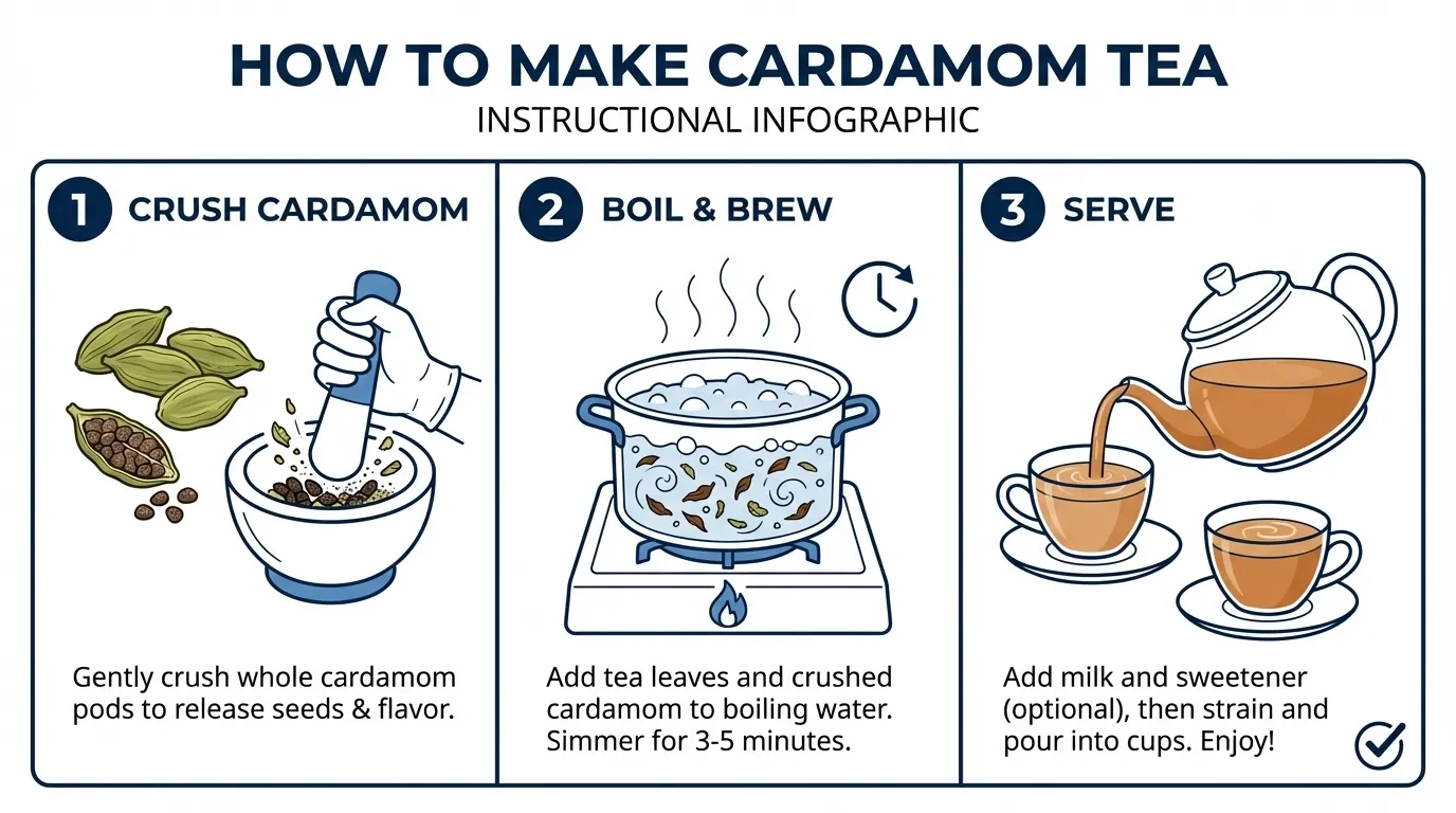 Instructional infographic showing 3 steps to make cardamom tea: crush pods, boil and brew, and serve.