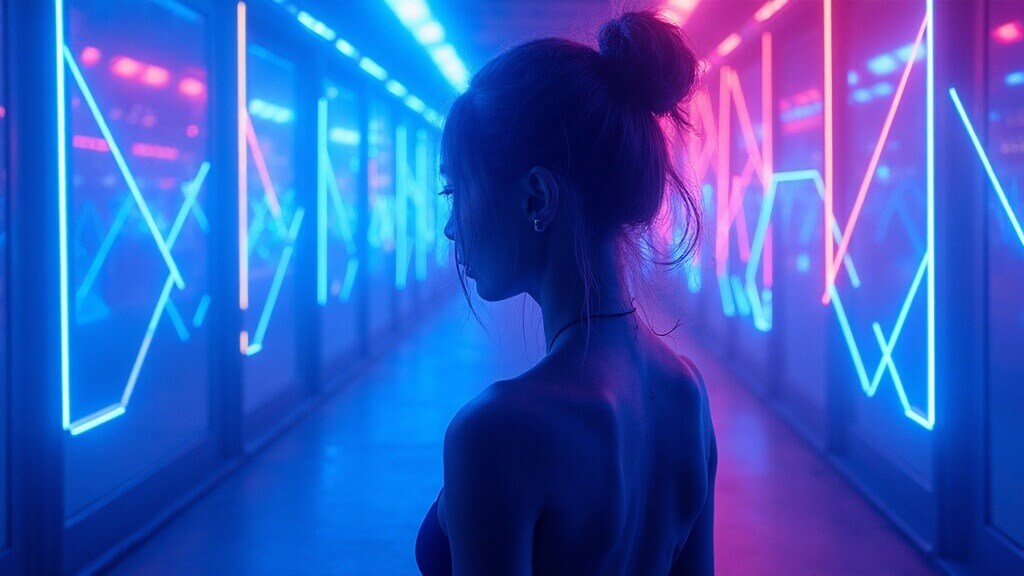 Woman silhouette in futuristic neon corridor with blue and pink geometric lighting