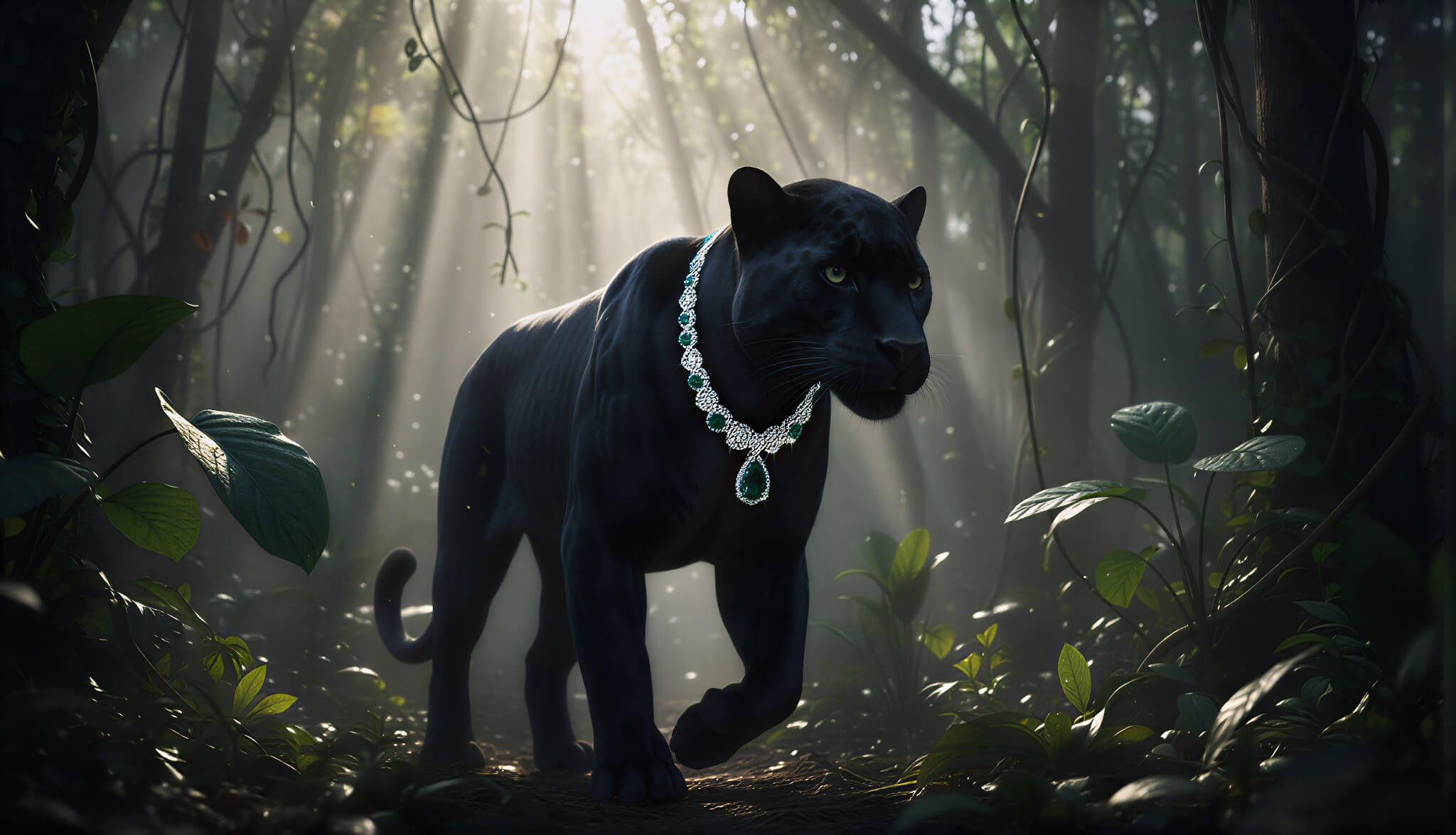 Black panther wearing diamond necklace in mystical forest with sunlight rays