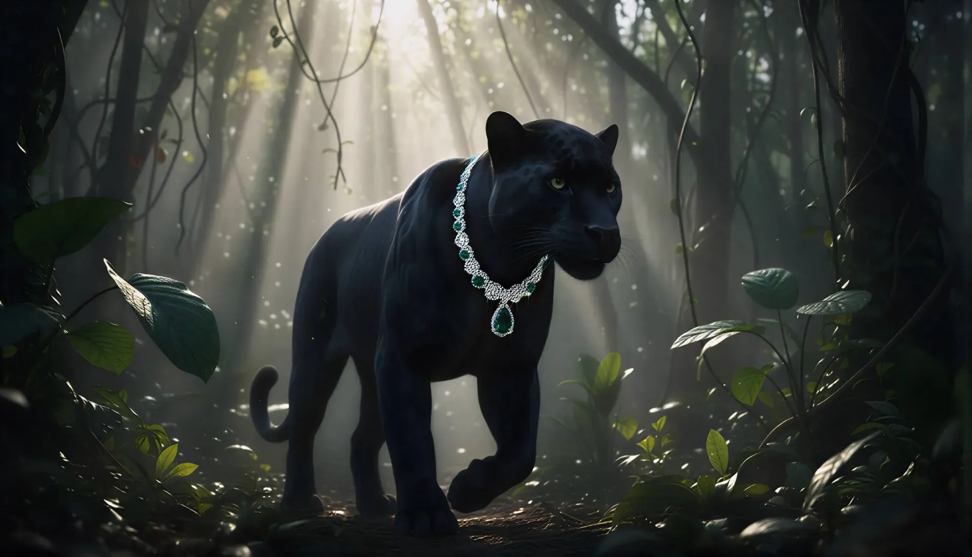 Black panther wearing diamond necklace in mystical forest with sunlight rays