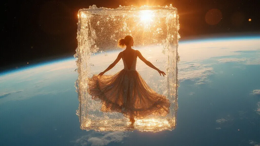 Woman in flowing golden dress dancing within glowing frame floating in space above Earth