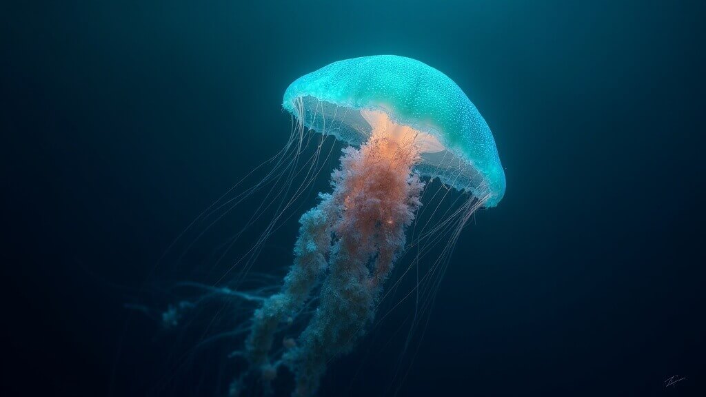 Bioluminescent jellyfish glowing in turquoise and coral colors in deep ocean water
