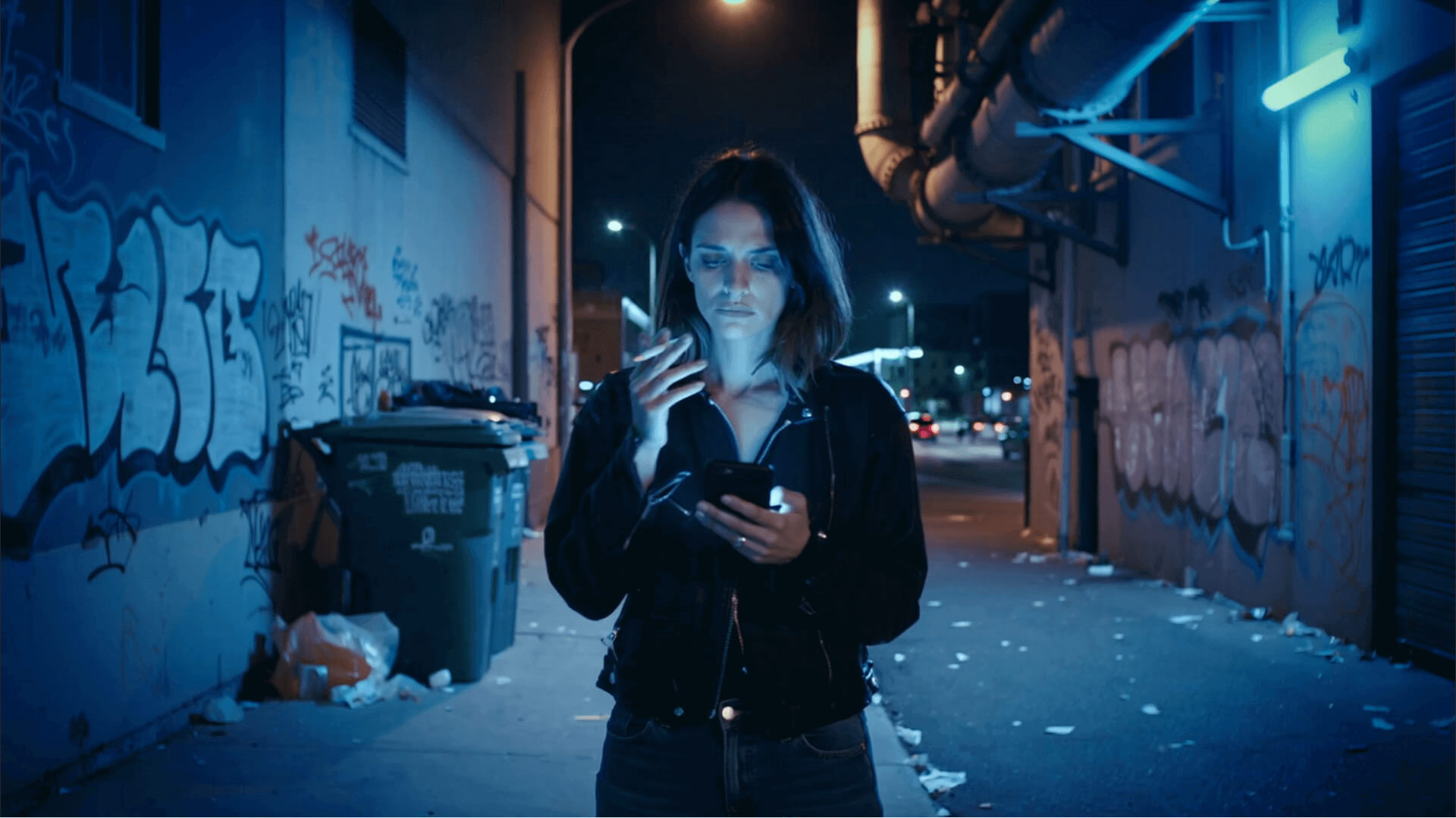 Woman using smartphone on urban street at night with graffiti walls and blue lighting