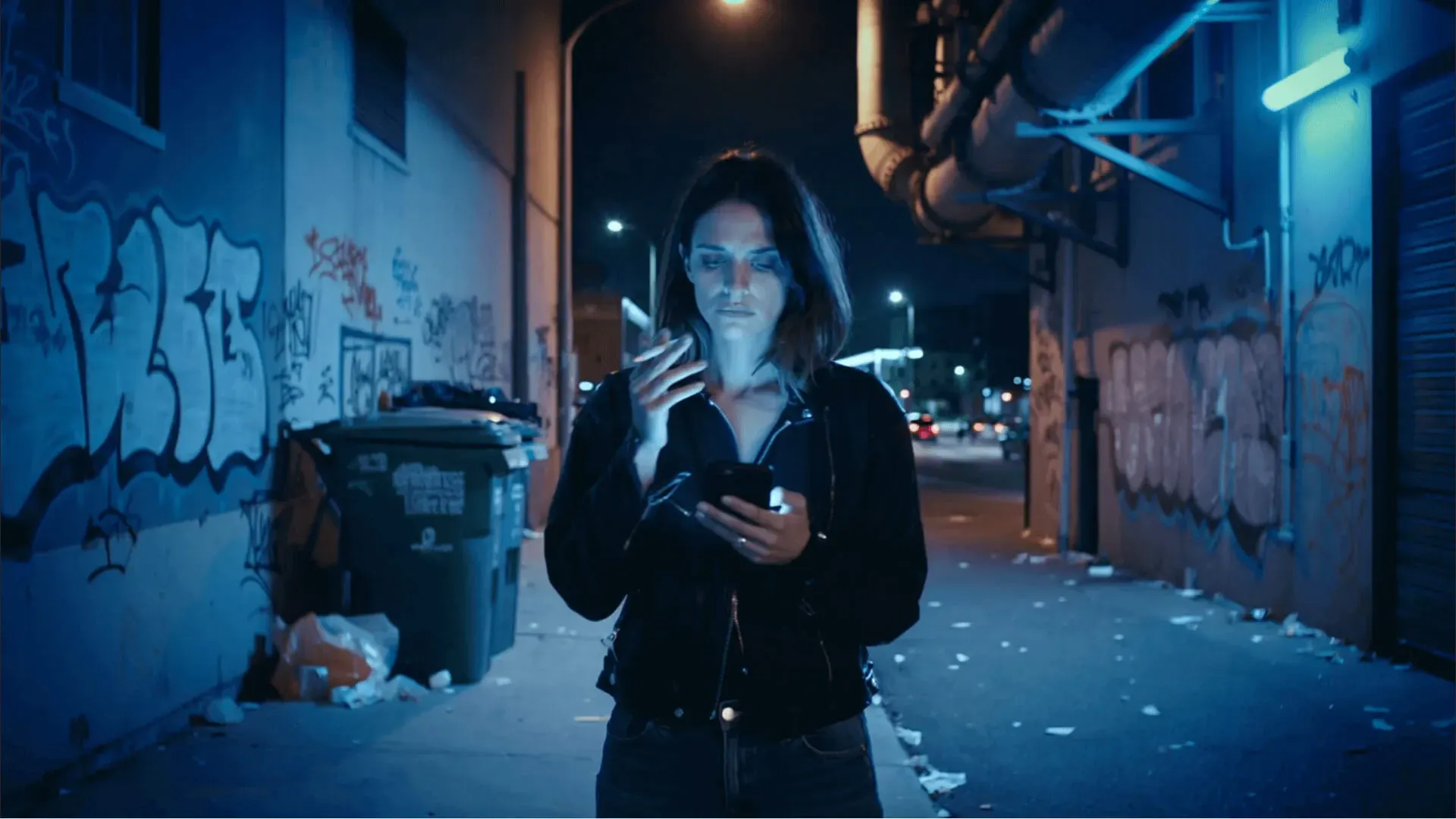 Woman using smartphone on urban street at night with graffiti walls and blue lighting