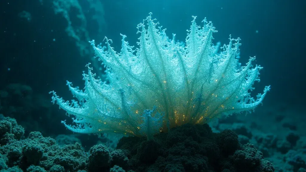 Glowing turquoise underwater coral formation with intricate crystalline structure