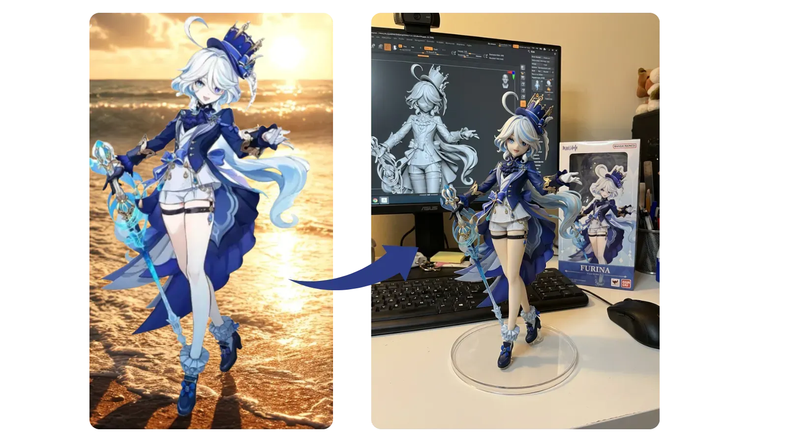 A premium anime action figure displayed on a desk with a box and computer screen in the background