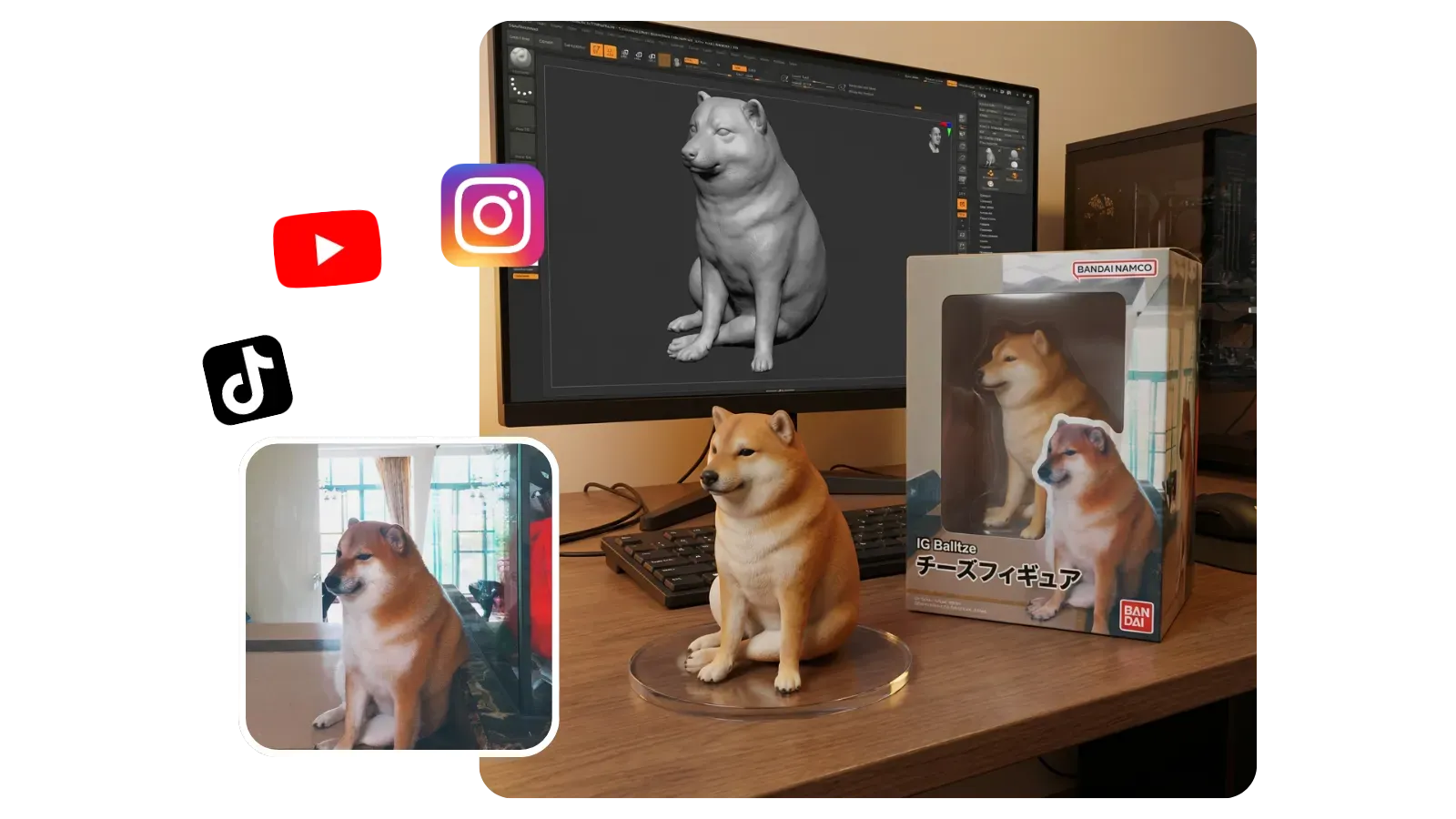A cute dog transformed into a 3D resin style mini-figure on a desk base