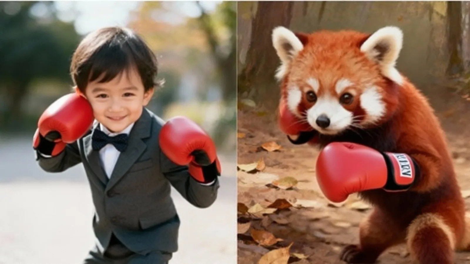A baby and a little raccoon fighting in an AI generated video scene