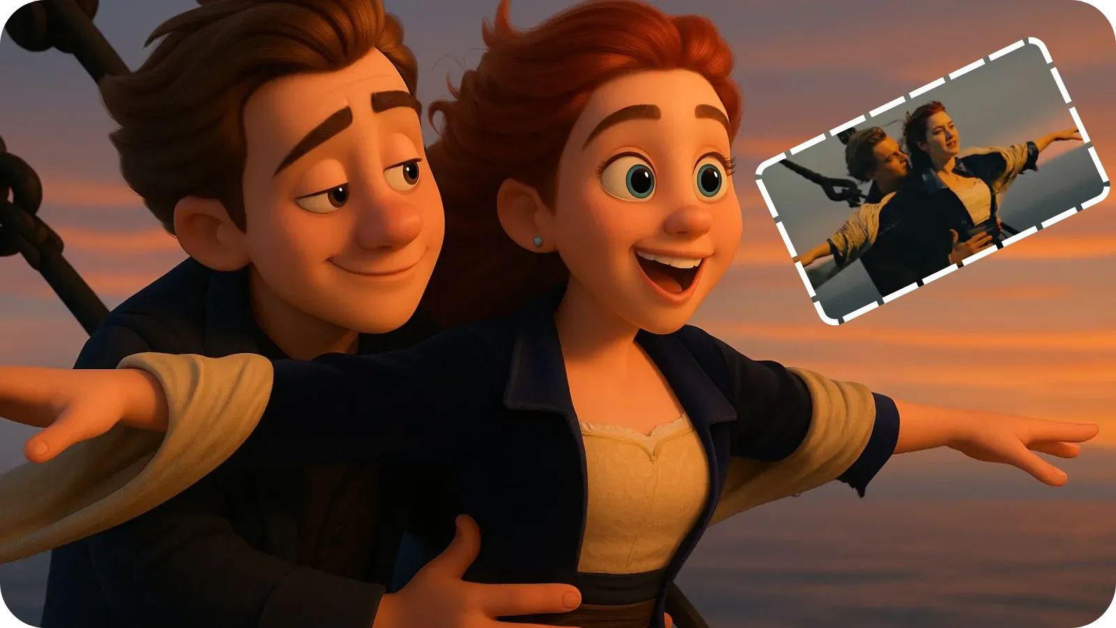 Side-by-side comparison: A photo transformed into a high-quality Disney Pixar style 3D movie scene